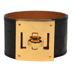 Pre-owned Hermes Kelly Dog Bracelet Black Shiny Alligator Yellow Gold