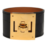 Pre-owned Hermes Kelly Dog Bracelet Black Shiny Alligator Yellow Gold - Thumbnail View 1