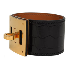 Pre-owned Hermes Kelly Dog Bracelet Black Shiny Alligator Yellow Gold