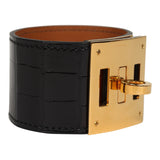 Pre-owned Hermes Kelly Dog Bracelet Black Shiny Alligator Yellow Gold - Thumbnail View 4