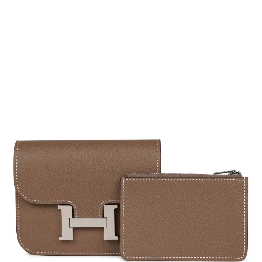 Hermes Etoupe Constance Slim Wallet Silver with Strap and Attachable to Belt