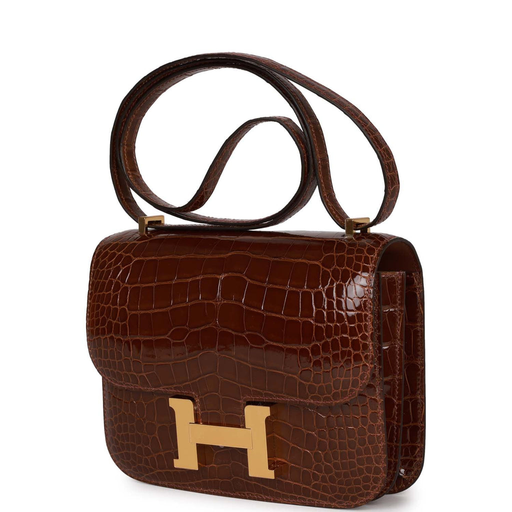 Hermes Womens Alligator Skin Constance 24 Shoulder Handbag Brown
