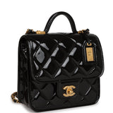 Chanel School Memory Square Top Handle Flap Bag Black Patent Leather Antique Gold Hardware