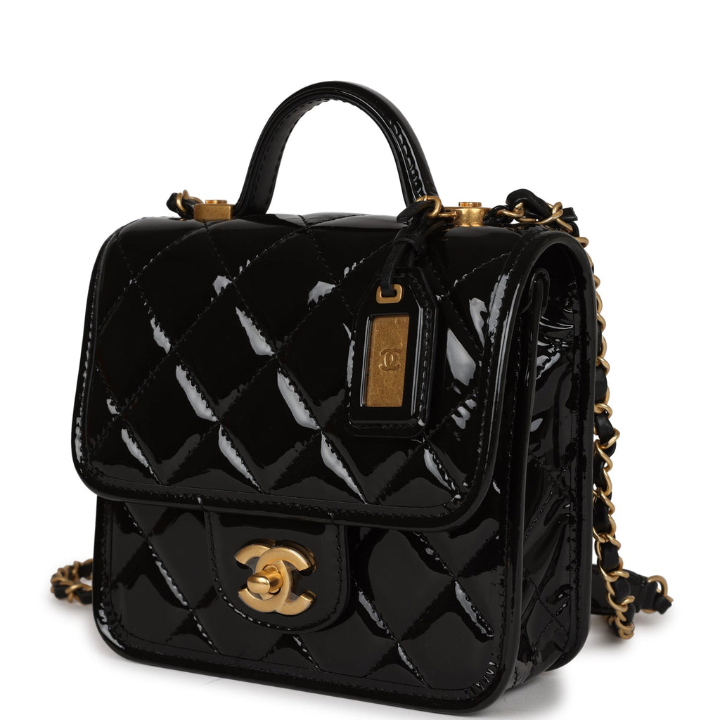 Chanel School Memory Square Top Handle Flap Bag Black Patent Leather A –  Madison Avenue Couture