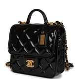 Chanel School Memory Square Top Handle Flap Bag Black Patent Leather Antique Gold Hardware