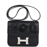 Hermes Constance 18 "Dancing Flowers" Black Embroidered Swift Palladium Hardware