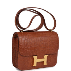 Pre-owned Hermes Constance 18 Gold Matte Alligator Gold Hardware