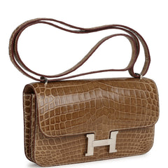 Pre-owned Hermes Constance Elan Ficelle Shiny Niloticus Crocodile Palladium Hardware