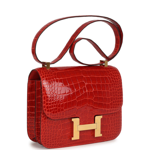 Pre-owned Hermes Constance 24 Geranium Shiny Alligator Gold Hardware