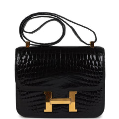 Pre-owned Hermes Constance 24 Black Shiny Niloticus Crocodile Gold Hardware