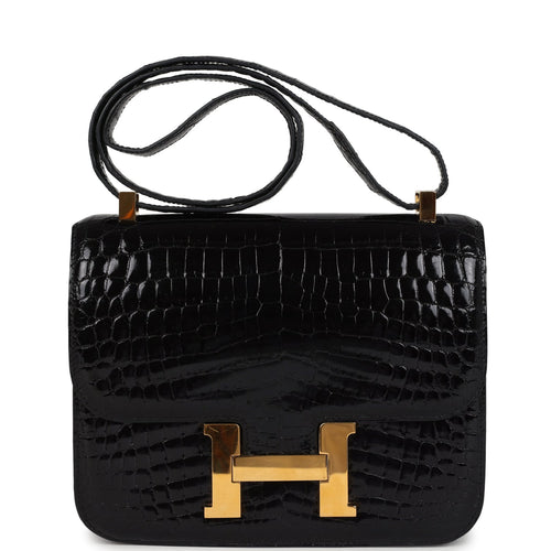 Pre-owned Hermes Constance 24 Black Shiny Niloticus Crocodile Gold Hardware