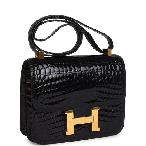 Pre-owned Hermes Constance 24 Black Shiny Niloticus Crocodile Gold Hardware