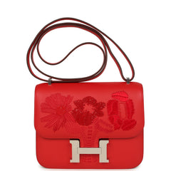 Hermes Constance 18 "Dancing Flowers" Rouge De Coeur Embroidered Swift Palladium Hardware