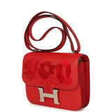 Hermes Constance 18 "Dancing Flowers" Rouge De Coeur Embroidered Swift Palladium Hardware