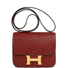 Pre-owned Hermes Constance 18 Rouge H Ostrich Gold Hardware