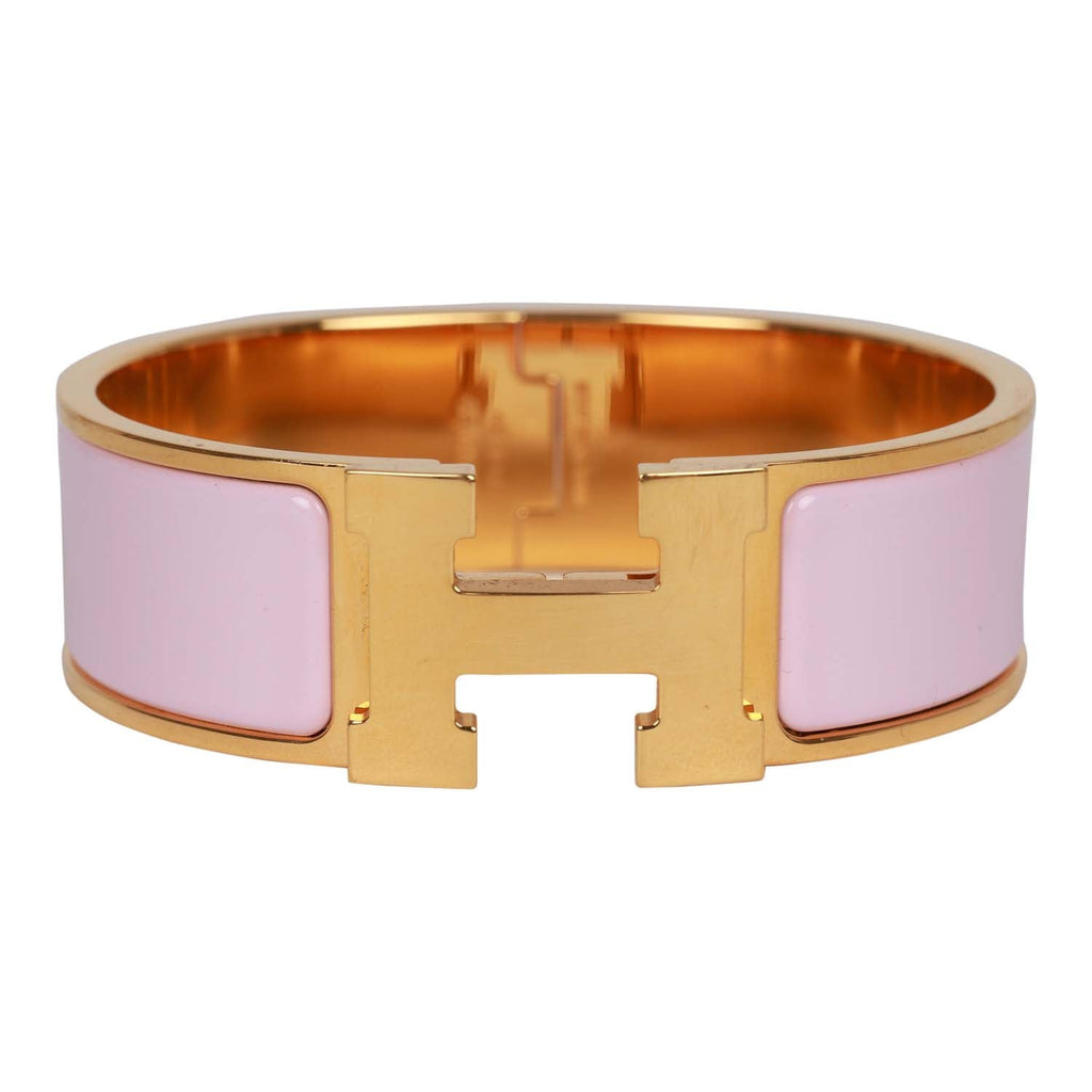 Pre-owned Hermes Rose Dragee Wide Enamel Bracelet GM Gold Hardware