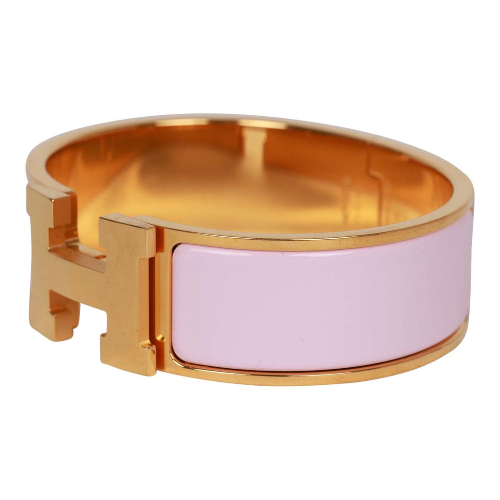 Pre-owned Hermes "Rose Dragee" Wide Enamel Bracelet GM Gold Hardware