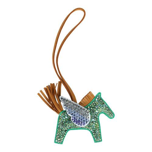 Custom Green and Blue Swarovski Crystal Hermes Bedazzled Pegase Rodeo Bag Charm PM Menthe, Sesame and Bleu Brume Milo Lambskin