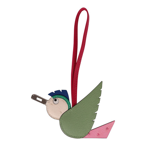 Hermes Birdy Charm Vert Criquet Epsom, White and Bubblegum Ostrich Palladium Hardware