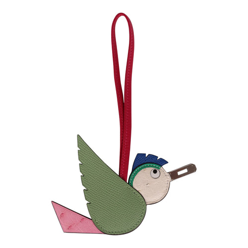 Hermes Birdy Charm Vert Criquet Epsom, White and Bubblegum Ostrich Palladium Hardware