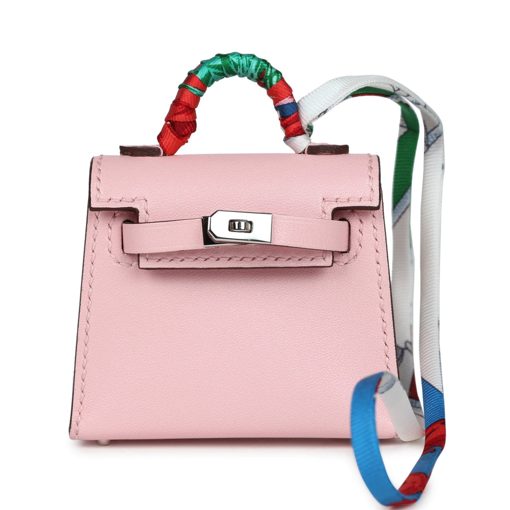 Hermes Rose Sakura Tadelakt Mini Kelly Twilly Bag Charm Palladium Hardware