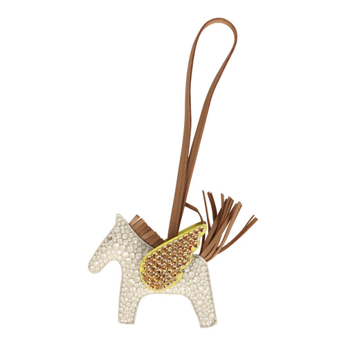 Custom White Swarovski Crystal Hermes Bedazzled Pegase Rodeo Bag Charm PM Craie, Lime and Chai Milo Lambskin