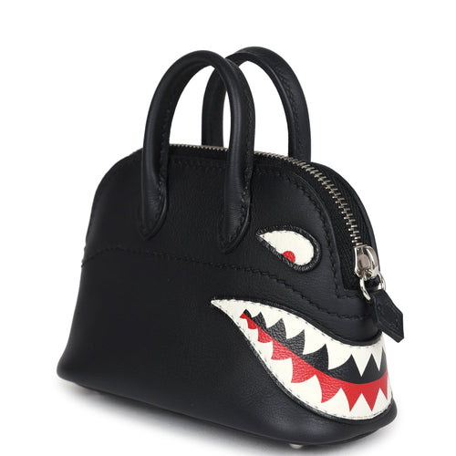 Hermes Mini Bolide Shark Bag Charm Black and White Swift Palladium Hardware