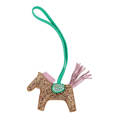 Custom Multicolor Swarovski Crystal Hermes Bedazzled Rodeo Bag Charm PM Chai, Mauve Sylvestre & Menthe Milo Lambskin