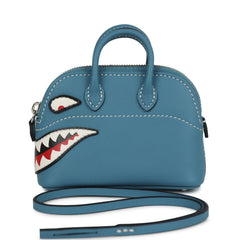 Hermes Bolide Shark Bag Charm Blue Jean, Black and White Swift Palladium Hardware