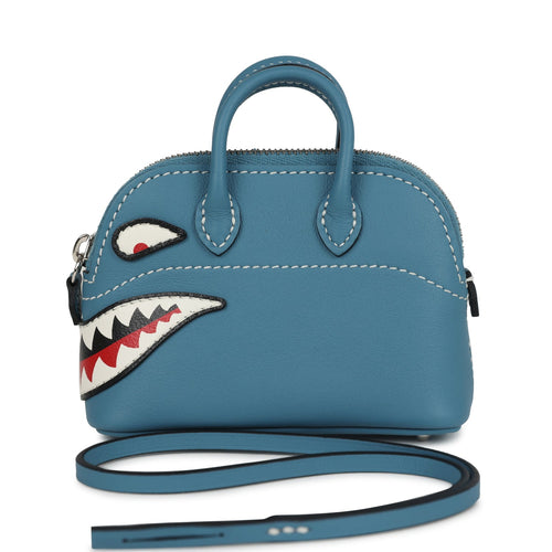 Hermes Bolide Shark Bag Charm Blue Jean, Black and White Swift Palladium Hardware