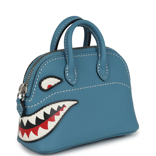 Hermes Bolide Shark Bag Charm Blue Jean, Black and White Swift Palladium Hardware