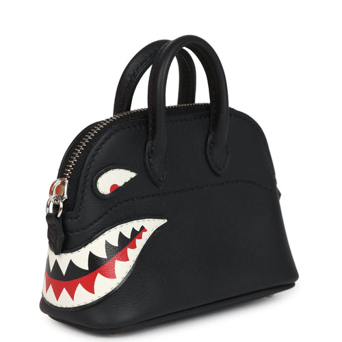 Hermes Mini Bolide Shark Bag Charm Black and White Swift Palladium Hardware