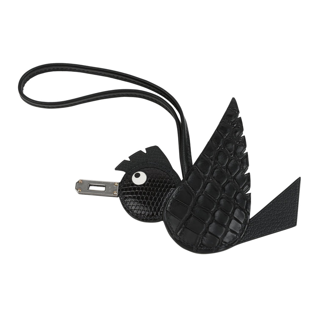 Hermes Birdy Charm Black Matte Alligator, Lizard Niloticus, Chevre Mys