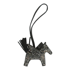 Custom Black Swarovski Crystal Hermes Bedazzled Pegase Rodeo Bag Charm PM Black Milo Lambskin
