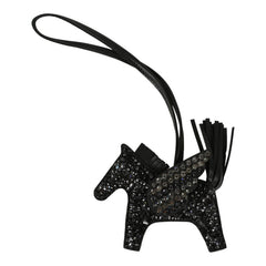 Custom Black Swarovski Crystal Hermes Bedazzled Pegase Rodeo Bag Charm PM Black Milo Lambskin