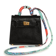 Hermes Mini Kelly Twilly Bag Charm Black Shiny Niloticus Lizard Gold Hardware