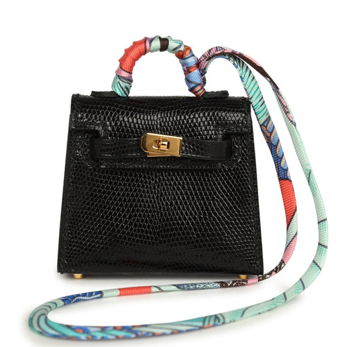 Hermes Mini Kelly Twilly Bag Charm Black Shiny Niloticus Lizard Gold Hardware