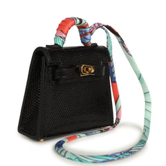 Hermes Mini Kelly Twilly Bag Charm Black Shiny Niloticus Lizard Gold Hardware