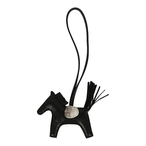 Hermes Rodeo Bag Charm PM Touch Black Milo Lambskin and Himalaya Matte Niloticus Crocodile