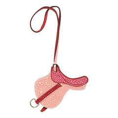 Custom Hermes Pink Bedazzled Paddock Saddle Bag Charm Rose Sakura, Rouge Swift Palladium Hardware