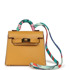 Hermes Mini Kelly Twilly Bag Charm Paille, Rosy, Multi Tadelakt Gold Hardware