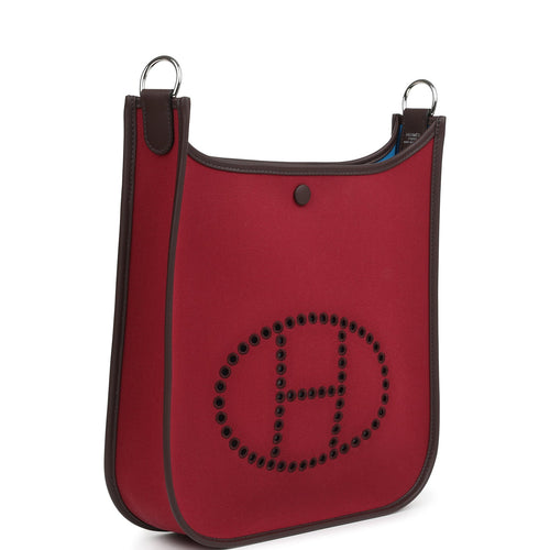 Hermes Neo Evelyne PM Rubis Officier Canvas and Rouge Sellier Swift Palladium Hardware