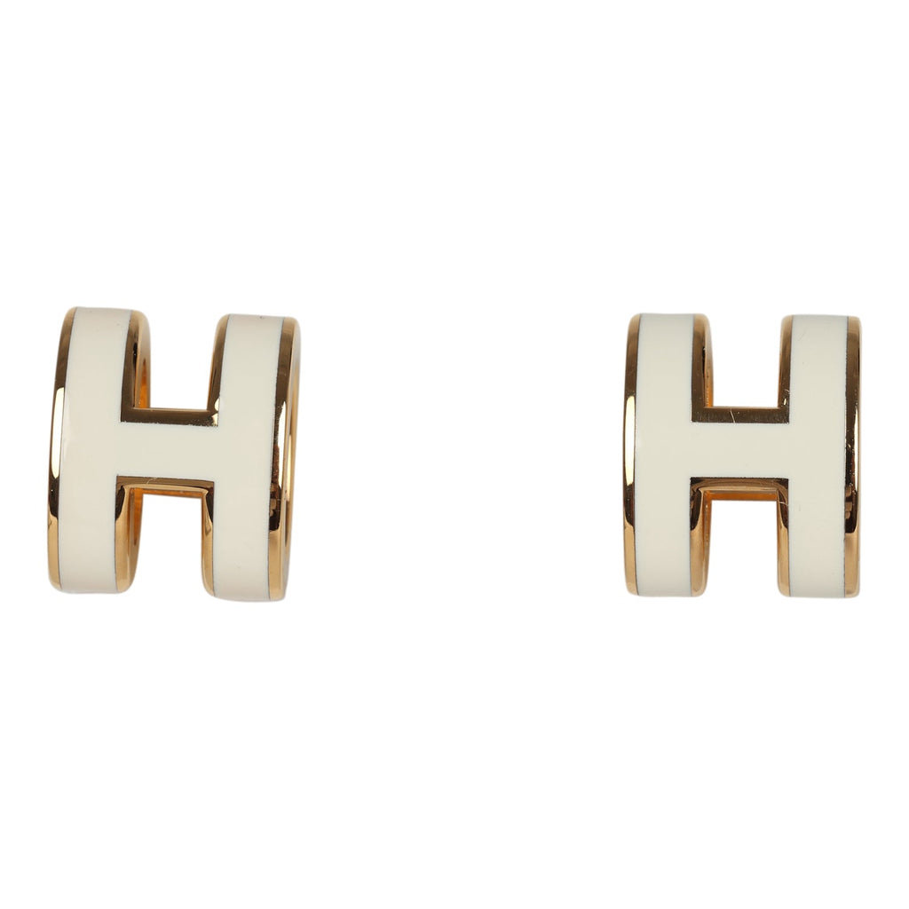Hermes Mini Pop H Earrings White Enamel Yellow Gold Hardware White Mini New and Never Worn