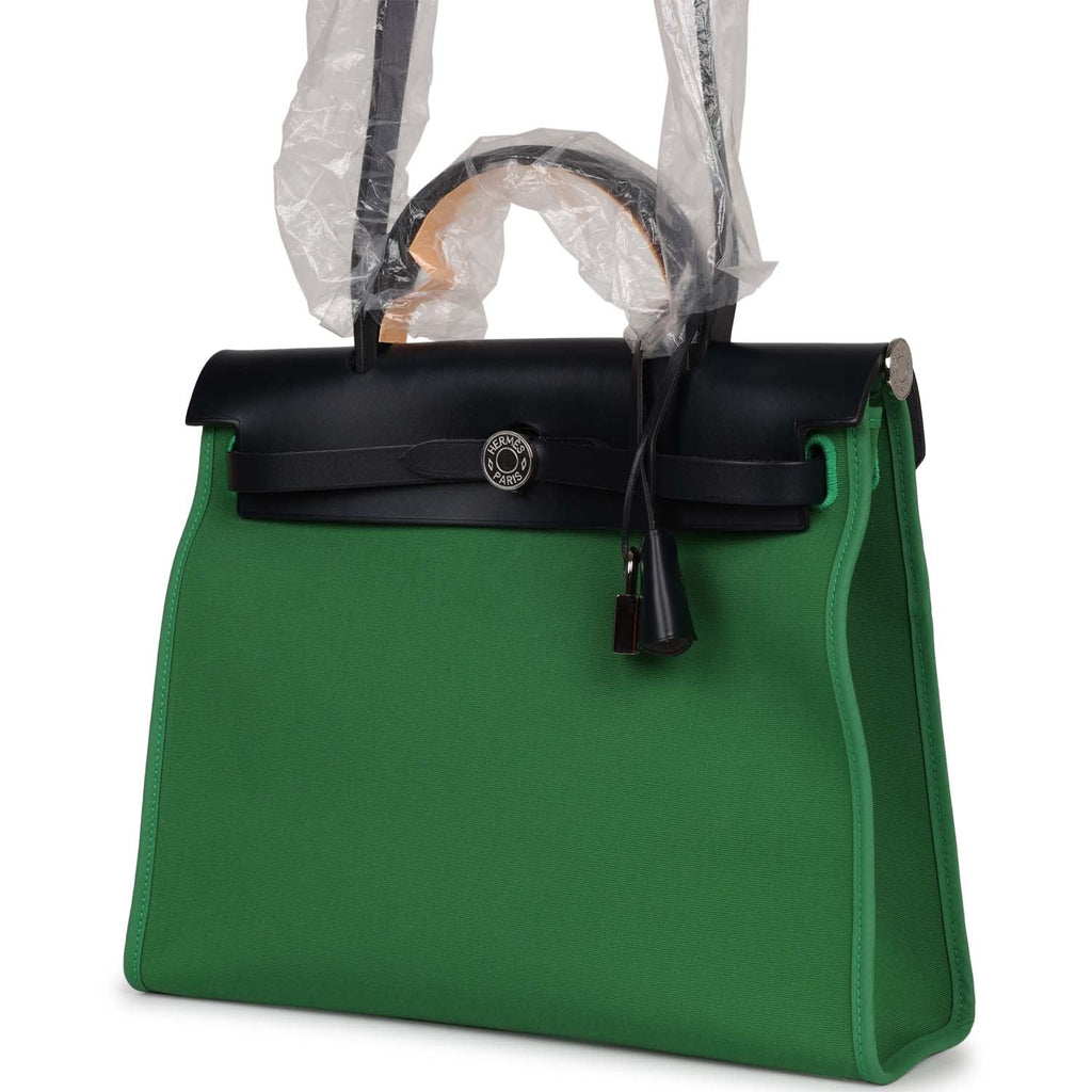 Hermes Herbag Zip PM 31 Bambou Toile H/Bleu Indigo Vache Hunter Palladium Hardware Green New Toile