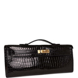 Hermes Kelly Cut Black Shiny Porosus Crocodile Gold Hardware