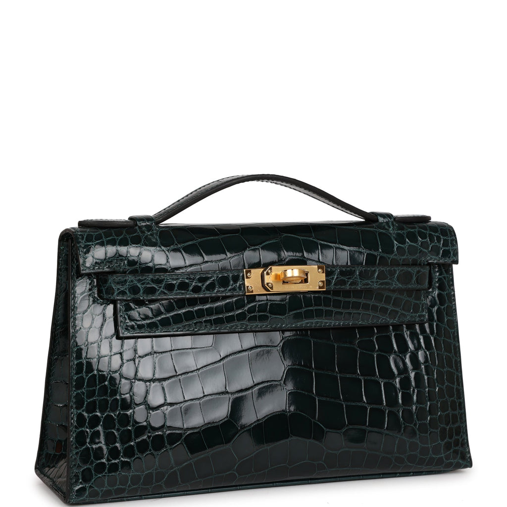 Hermes Shiny Black Alligator Kelly Pochette Bag with Palladium