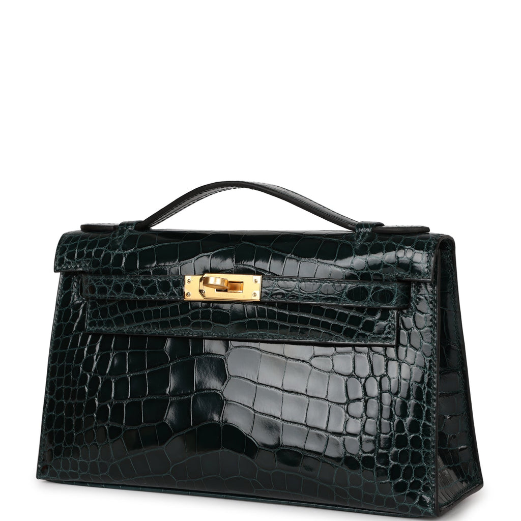 Hermes Mini Kelly Pochette Clutch Black Shiny Alligator Gold