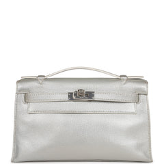 Vintage Hermes Kelly Pochette Silver Metallic Chevre Palladium Hardware