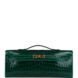 Pre-owned Hermes Kelly Cut Emerald Shiny Niloticus Crocodile Gold Hardware