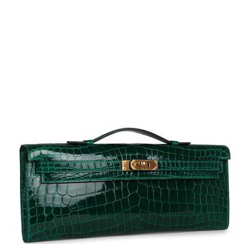 Pre-owned Hermes Kelly Cut Emerald Shiny Niloticus Crocodile Gold Hardware